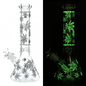 14" Chill Glass Glow In The Dark Leaf Design Beaker Water Pipe - [JLB92]